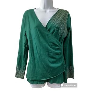 Lola B. Crossover Wrap Ruche Glittery Sweater Green Size L
